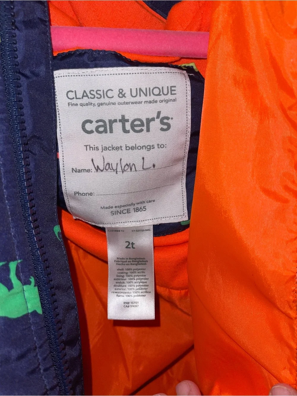 Carter’s jacket boys 2T dinosaur navy orange hooded